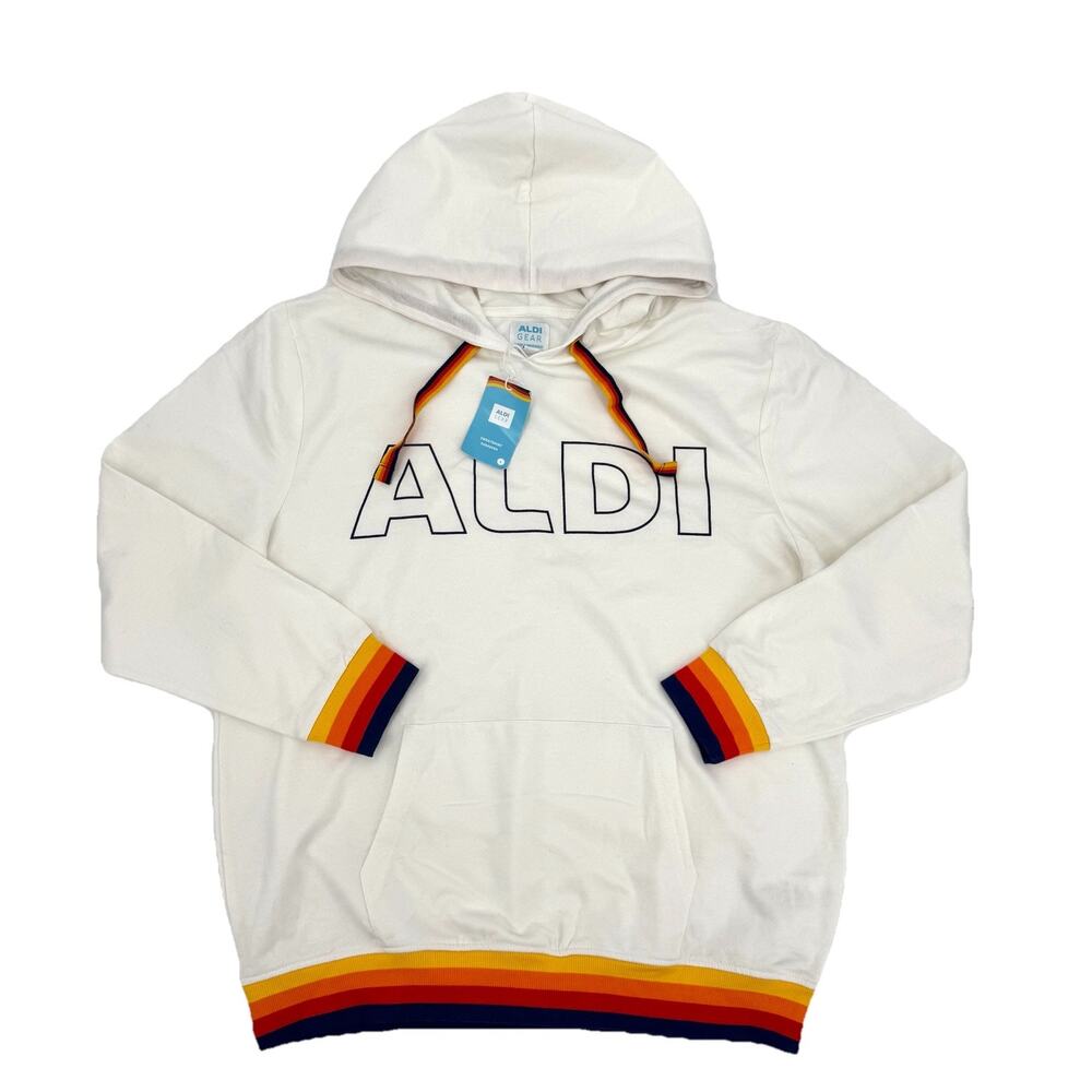 Aldi Gear Pullover Hooded Sweatshirt Off-White/Rainbow Fall 2023 Hoodie Sz LARGE
